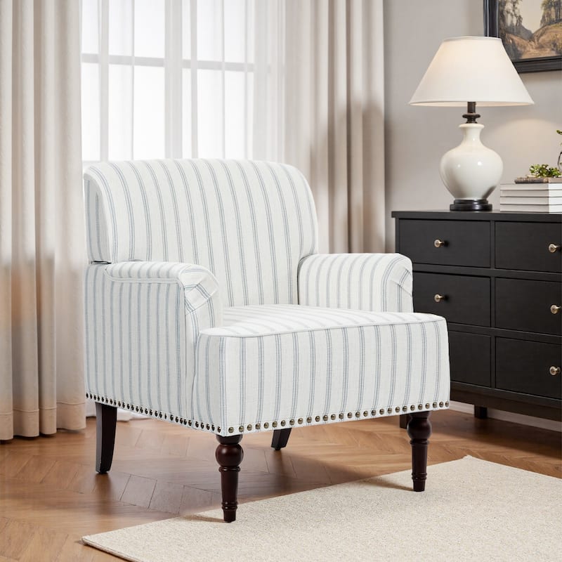 Striped Upholstered Linen Armchair with Brass Nailhead Trim
