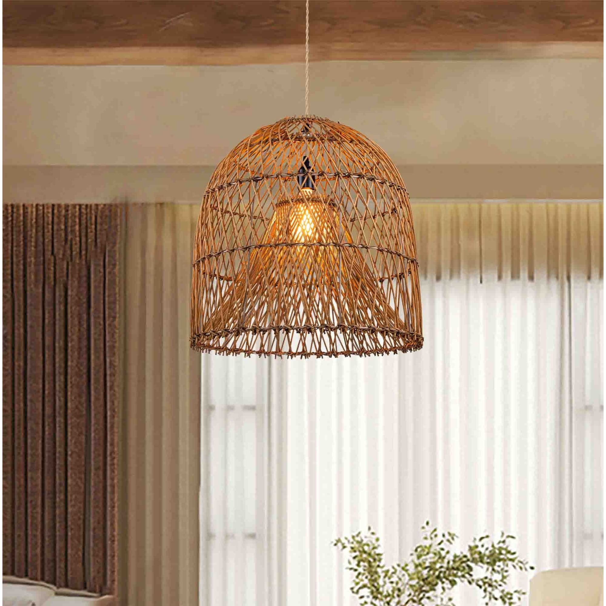 Natural Rattan Wicker Pendant Light Coastal & Bohemian Hanging Light - 17.7
