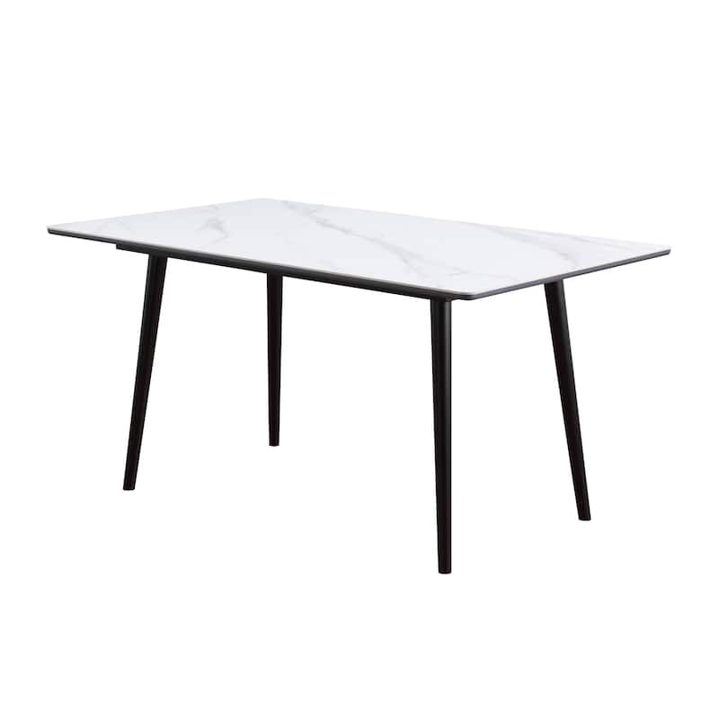 Aikya 60 Inch Dining Table, White Sintered Stone, Tapered Metal Legs
