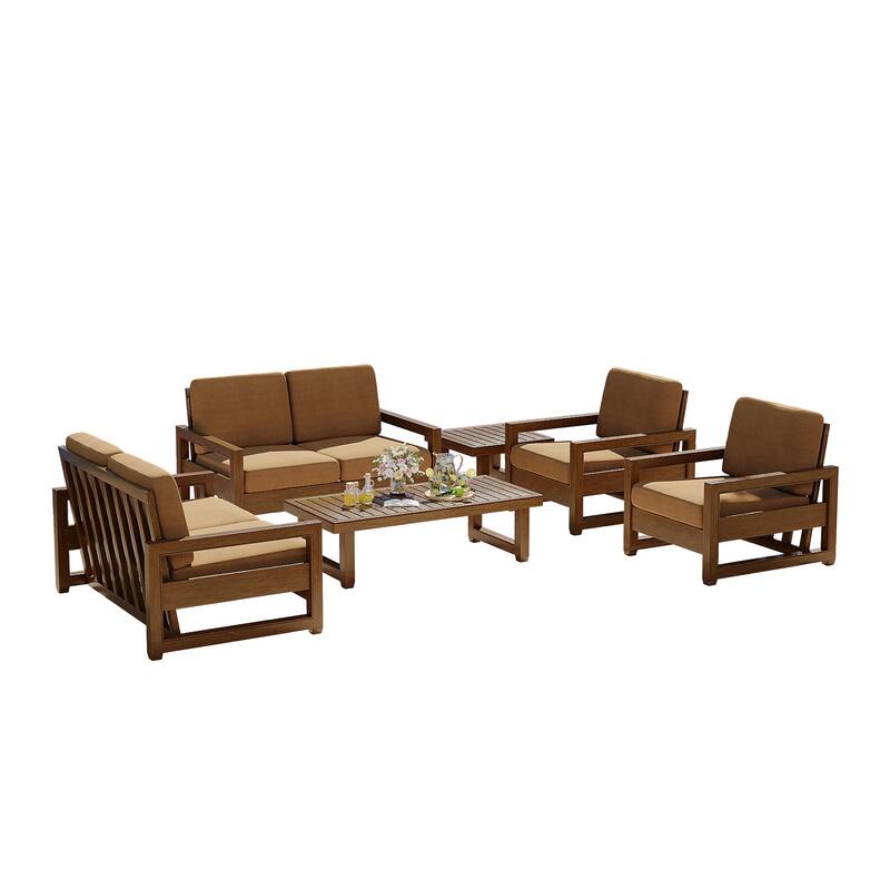 7-Piece Outdoor Teak Wood Conversation Set with Loveseat, Chairs and Tables