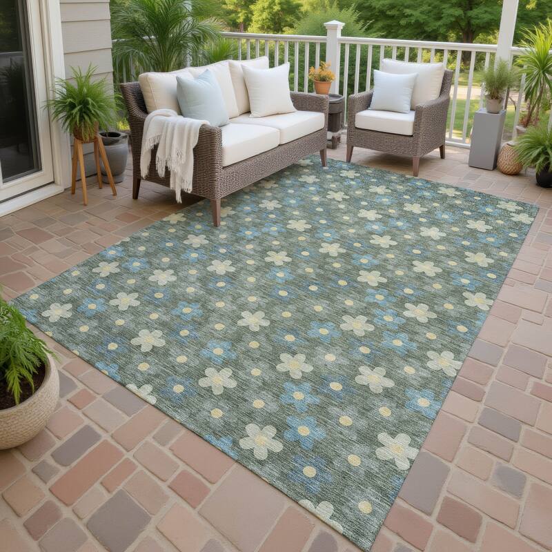 Machine Washable Indoor/ Outdoor Floral Kechi Chantille Rug - Basil - 3' x 5'