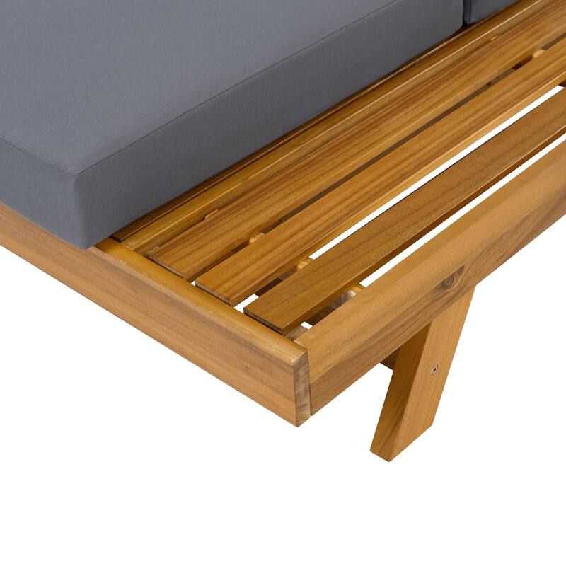 One-sided Open Storage Lounge Chairs Outdoor Patio Acacia Wood Chaise Lounge with Adjustable Backrest & Water-repellent Cushions