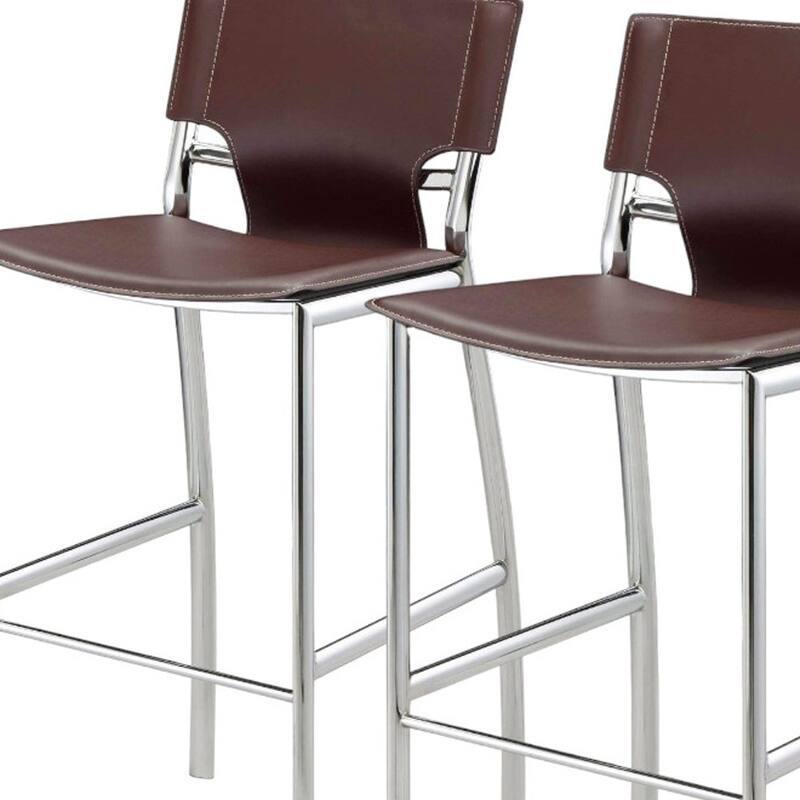 HomeRoots Set of Two 29" Brown and Silver Metal and Faux Leather Low Back Bar Height Bar Chairs