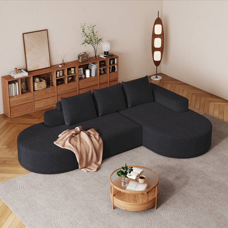L Shaped Modular Curved Sectional Sofa, Chenille Upholstered 3 Seat Sofa, Corner Sofa with 3 Pillows for Living Room, Bedroom
