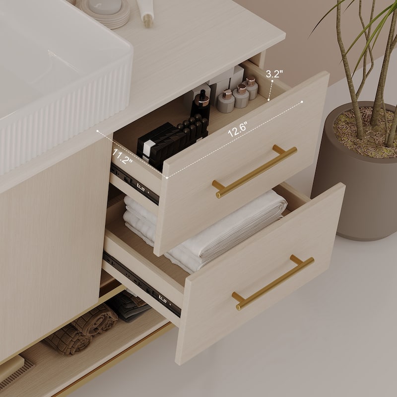 All-in-one Bath Storage Set, Freestanding Bathroom Vanity with Vessel Textured Ceramic Sink and Gold Stainless Steel Base