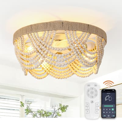 20 in. APP Control Bohemian Wood Bead Beige Ceiling Fan with Remote and Light - 19.7" D x 19.7" W x 10.1" H