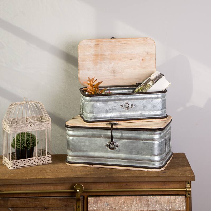 Glitzhome Set of 2 Farmhouse Metal Box Organizer Storage Chests