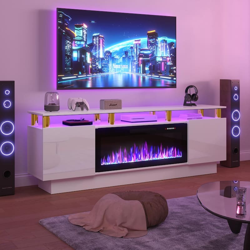 BOSSIN 70" Modern Electric Fireplace TV Stand, with Electronic Flame and LED Lights, High Gloss Finish Entertainment Center - White/Gold