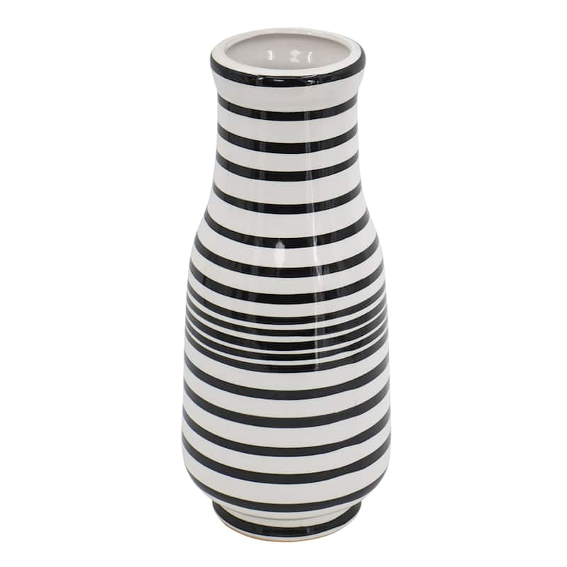 Hand Painted Horizontal Striped Accent Ceramic Vase 18" Black White