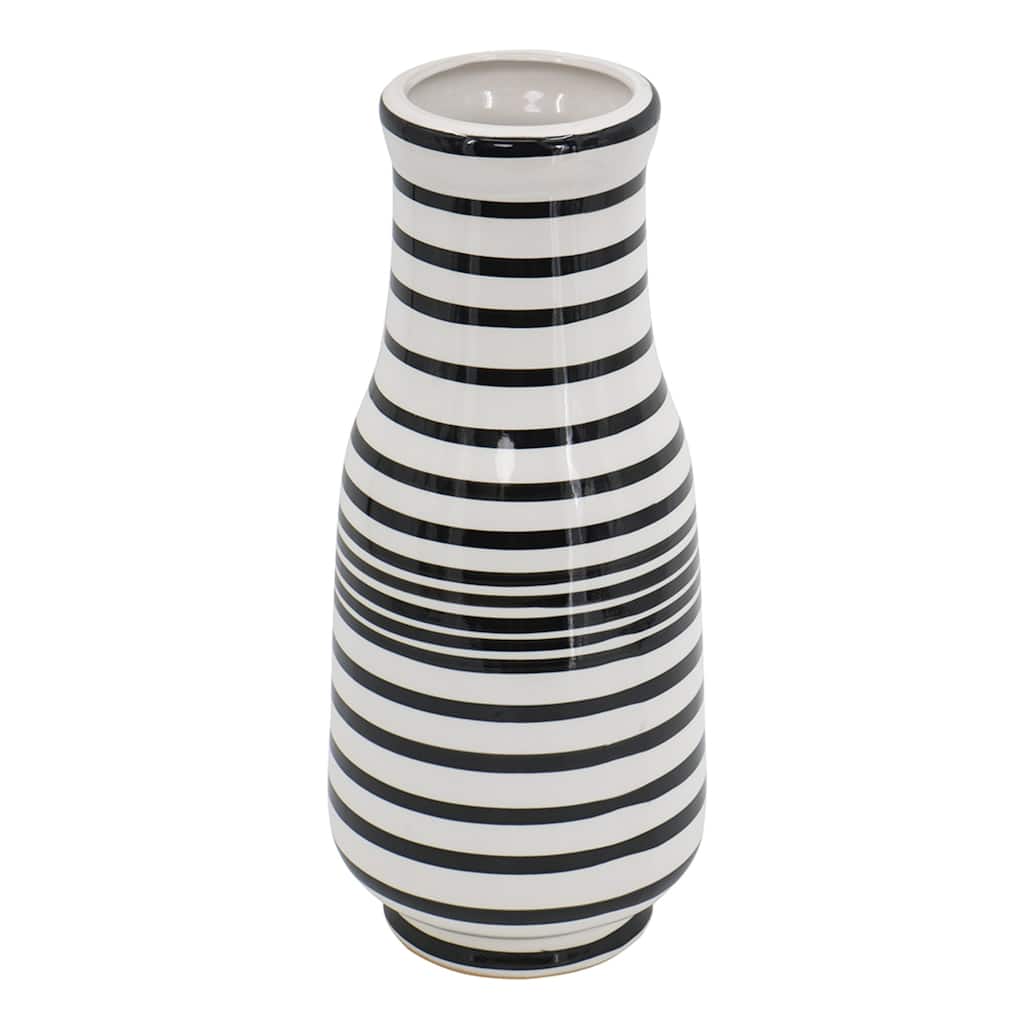 Hand Painted Horizontal Striped Accent Ceramic Vase 18" Black White