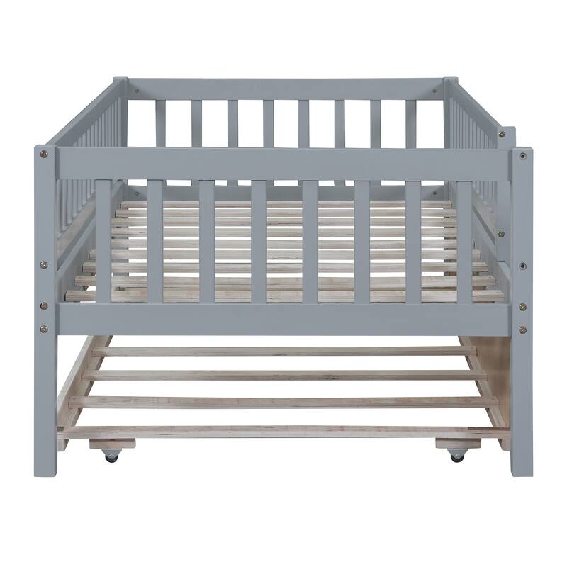 Twin Size Wood Daybed with Pull-Out Trundle and Safety Guardrails in Gray