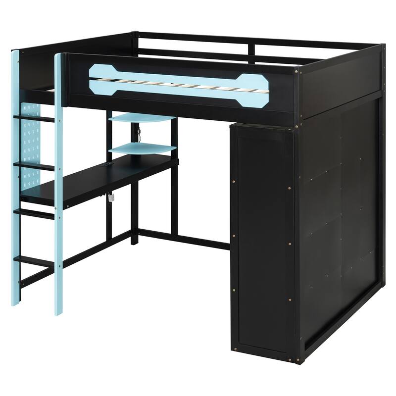 Full Size Gaming Loft Bed with Desk & Wardrobe, Wooden Storage Bed with RGB LED Lighting, Charging Station