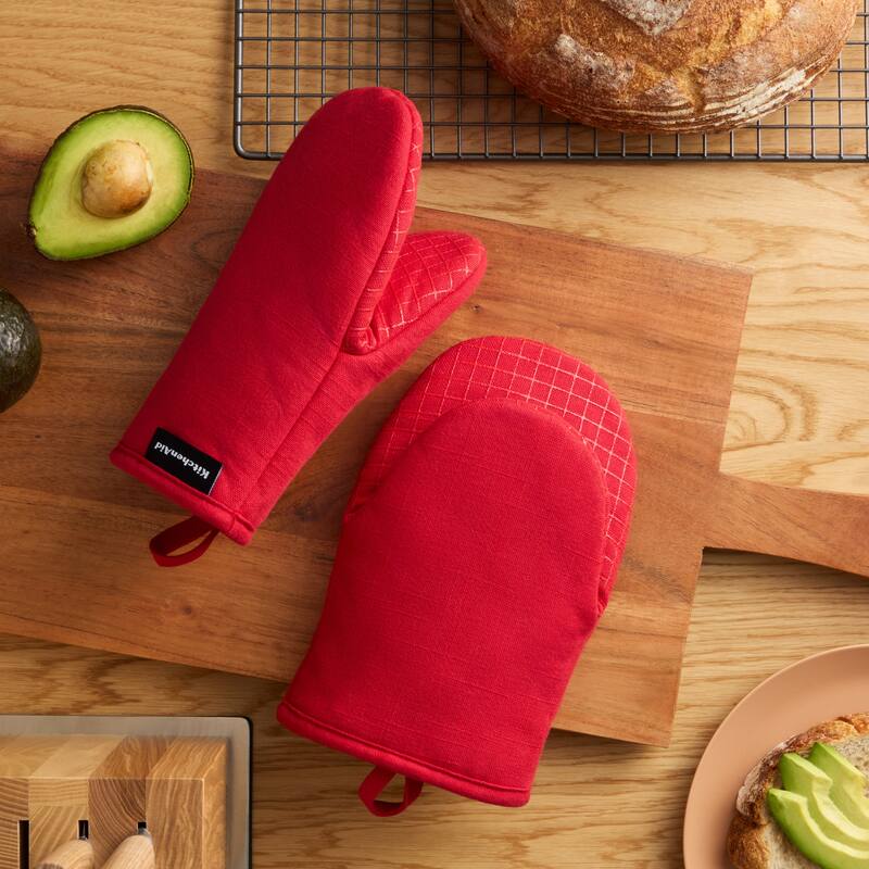KITCHENAID Gourmet Series Gridlines Mini Oven Mitts 2-Pack Set, Heat Resistant up to 600°F, Soft Silicone Grip, Magnetic Cuff
