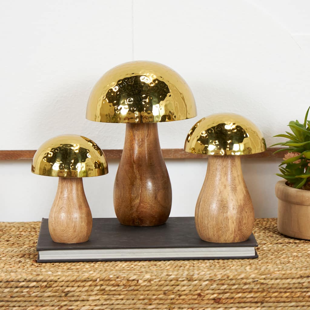 Gold or Silver Stainless Steel Handmade Hammered Mushroom Sculpture with Brown Mango Wood Bases (Set of 3)