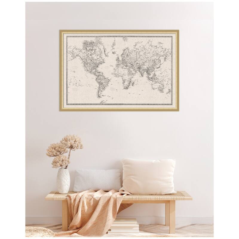 Kate and Laurel Framed Fabric Pinboard Vintage Black and White Linen World Map Wall Organization