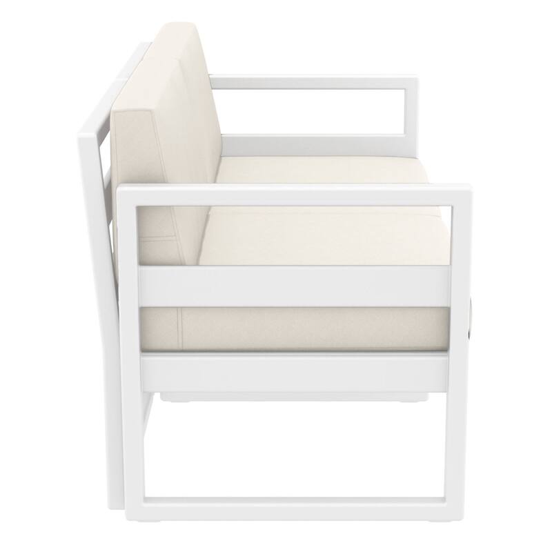 55" White Outdoor Patio Loveseat with Sunbrella Natural Beige Cushion