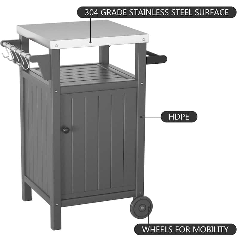 Barbecue/Grill Side Table Trolley, Outdoor Prep Dining Table Serving Cart with 304 Stainless Steel Top-HDPE