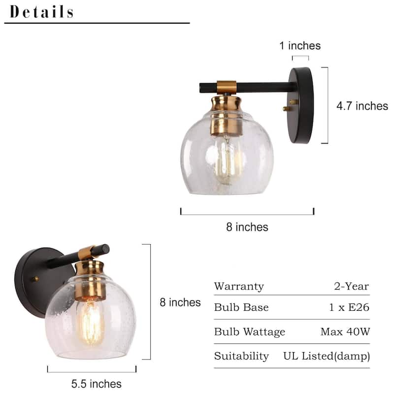 Iain Modern Black Gold 1-Light Seeded Glass Wall Sconce Bathroom Vanity Light