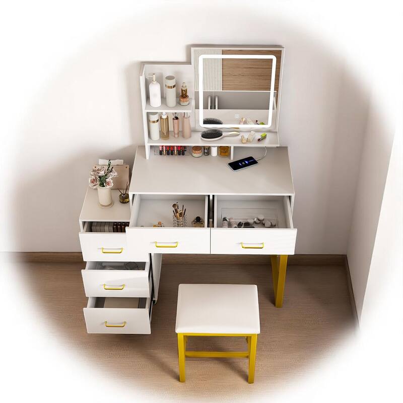 Modern Vanity Desk with LED Mirror, 5 Drawers, Power Outlet & Metal Chair, Makeup Table with Shelves for Bedroom