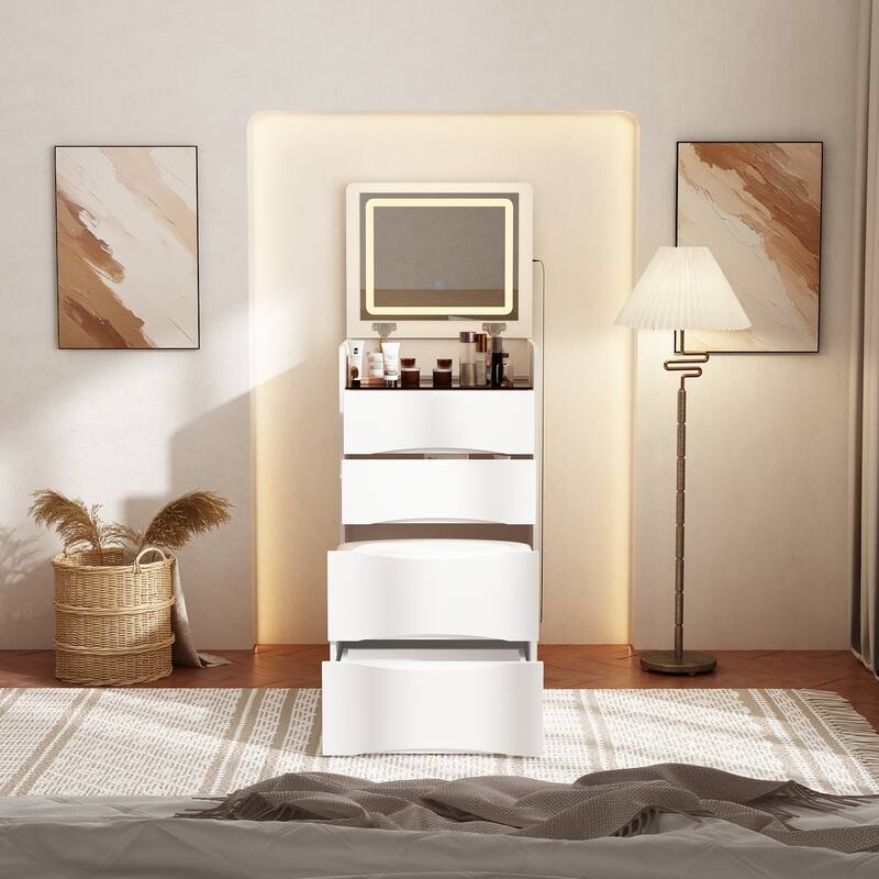 Space-Saving Vanity and Stool Set with LED-Lit Mirror Chest Dresser