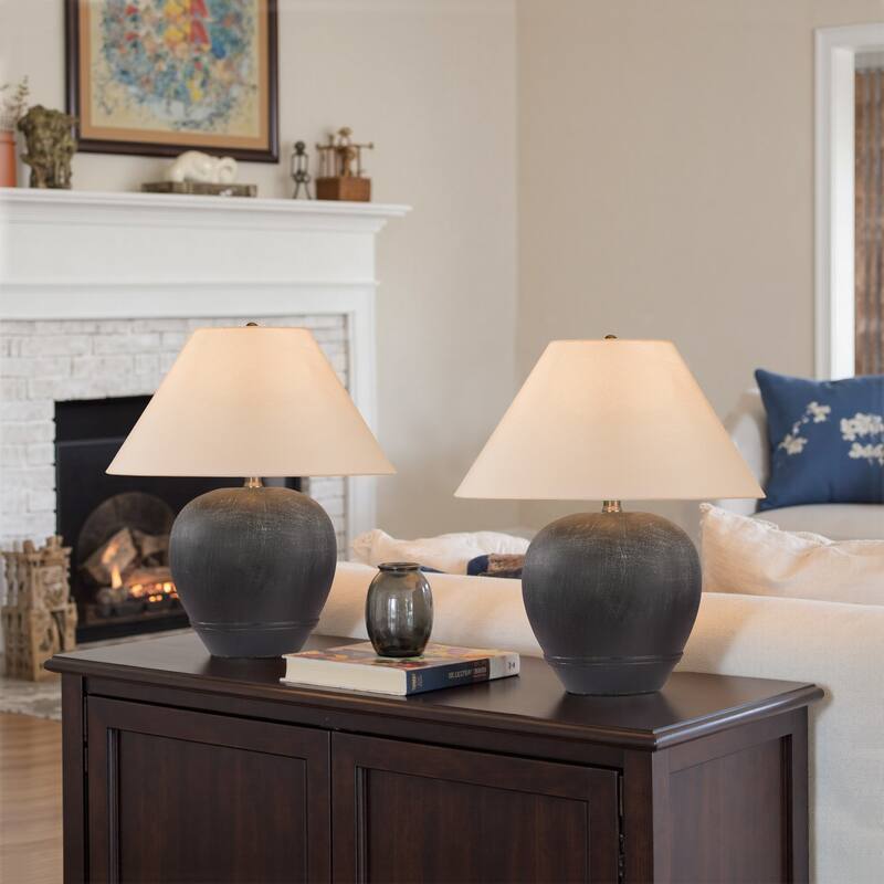 2 Pack Global Ceramic Accent Table Lamp with Linen Shade - Small size: 18"H x 15"W x 15"D - Black Smudged