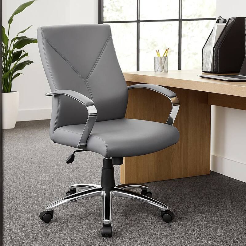 Roe Executive Swivel Chair, High Back Gray Faux Leather, Chrome Metal