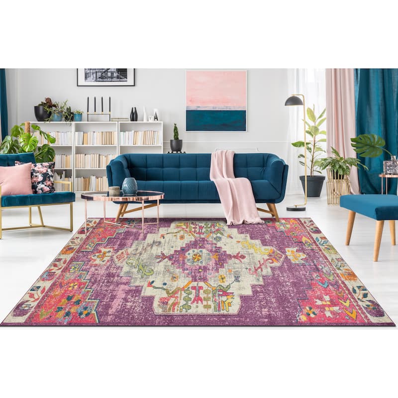 Noori Rug Sapphire Distressed Delma Multicolor Area Rug - 8'10" x 12'0" - Purple/Ivory