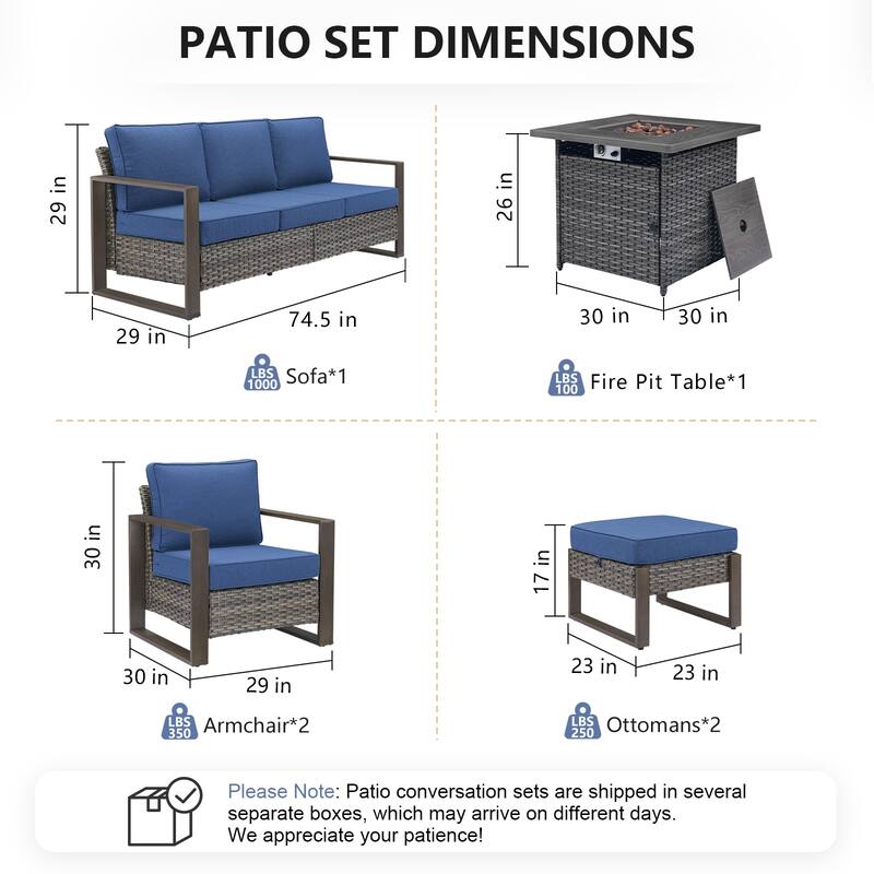 Pocassy Outdoor Fire Pit with 3-Seat Sofa Club Chairs Patio Furniture Set