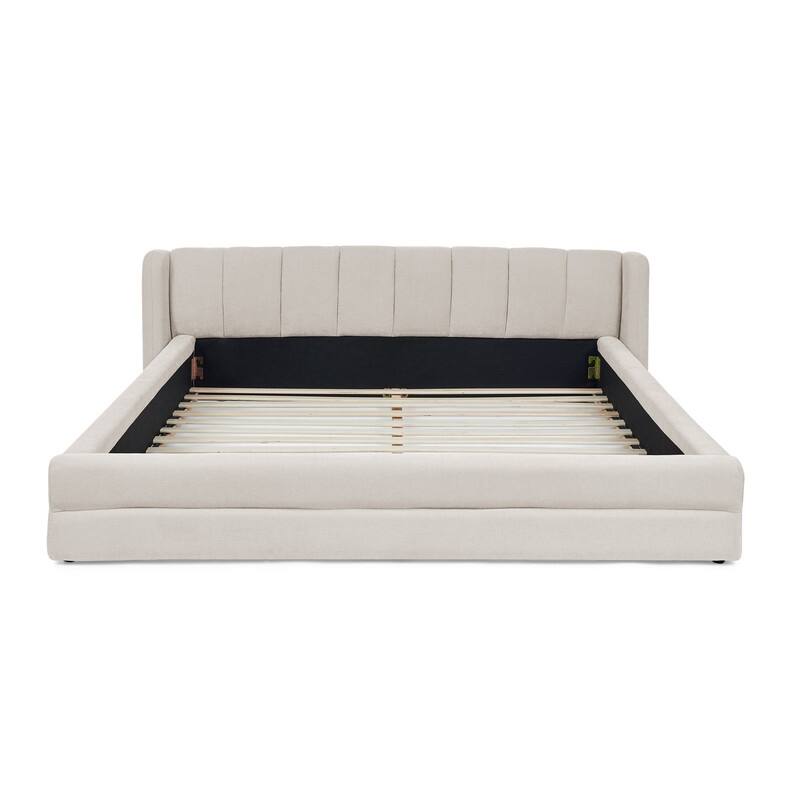 Queen-Sized Chenille Upholstered Bed with Headboard and Solid Frame.