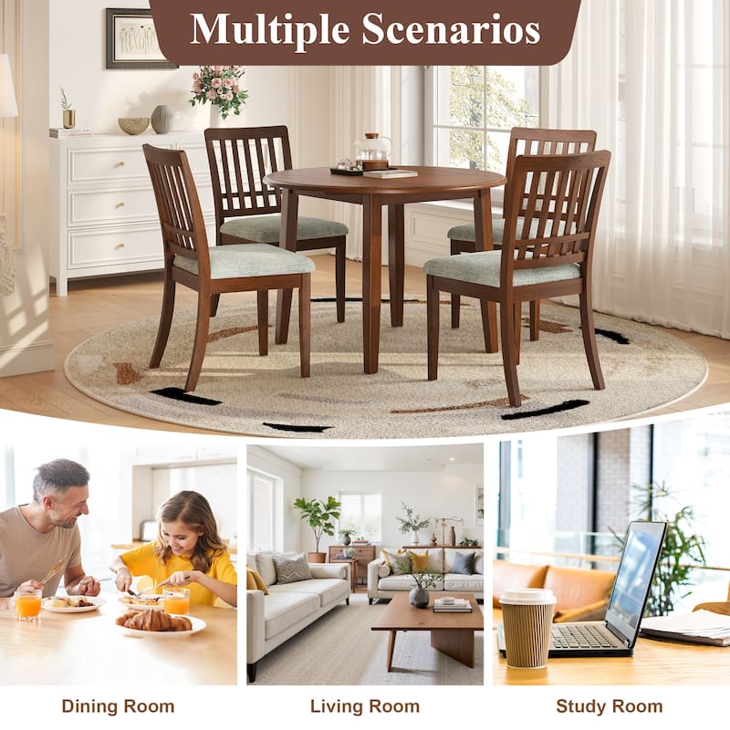 5-Piece Round Dining Table Set for 4 People, 1 Folding Wood Dining Table + 4 Upholstered Chairs, for Small Apartments