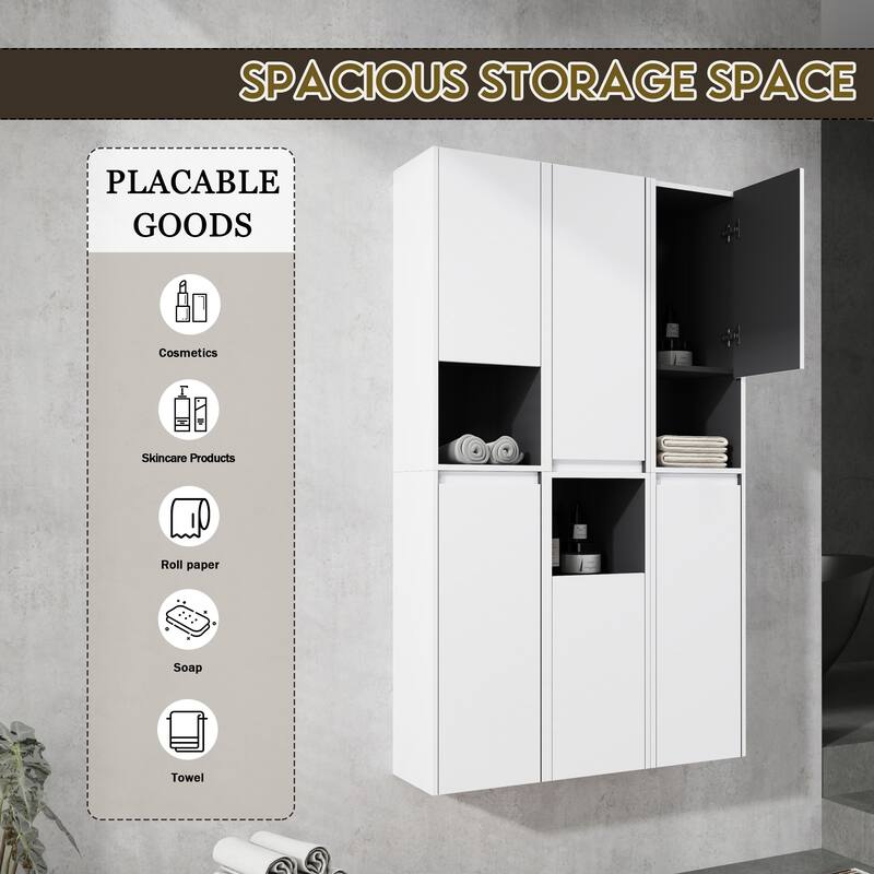 Modern Wall-Mounted Bathroom Side Cabinet with Soft-Close Doors, Floating Design, 6 Storage Compartments, 12-Inch Width