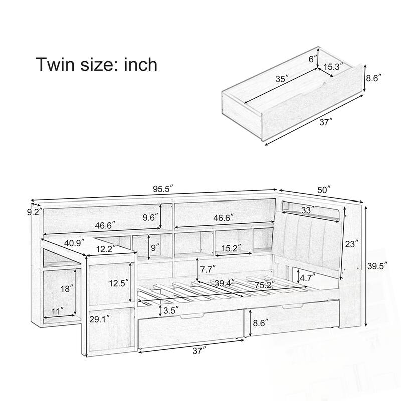 L-shaped Wooden Daybed with Desk and Storage Bookcase with Upholstered Headboard