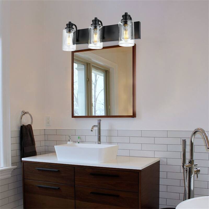 3-Light Industrial Black Vanity Light with Clear Glass Shades - Black