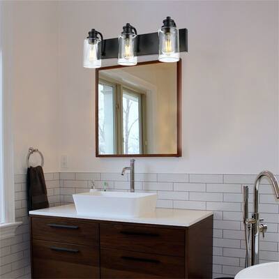 3-Light Industrial Black Vanity Light with Clear Glass Shades