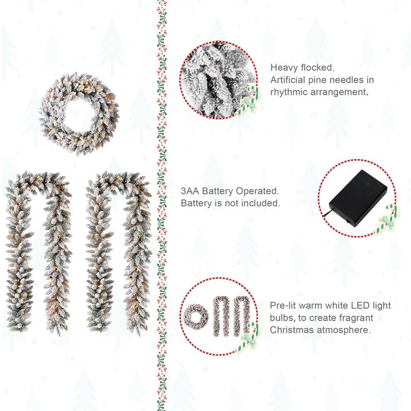 Glitzhome 24"D Pre-Lit Christmas Wreath Matched 2pk 9ft Garland Set