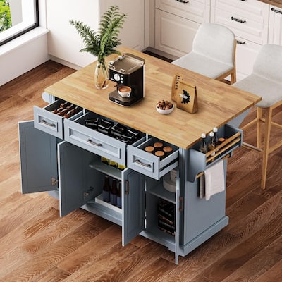 Rolling Kitchen Island with Drop Leaf, Kitchen Island Cart on Wheels, Moveable Island Table with 4 Doors Cabinet & 3 Drawers