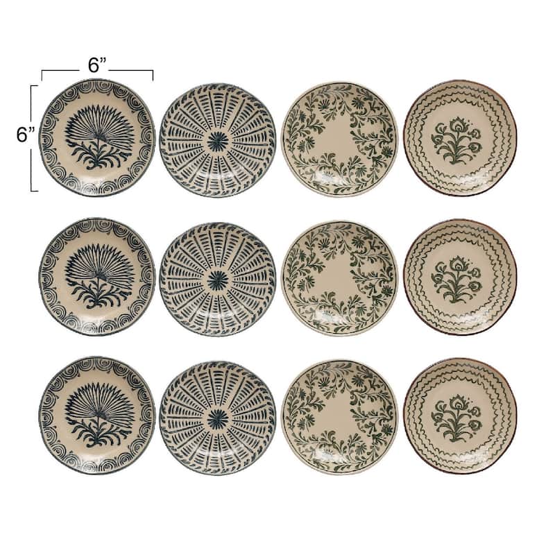 Stoneware Plates Dinnerware Set with 4 Pattern Prints - 6.0"L x 6.0"W x 1.0"H