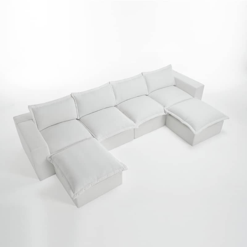 Chenille No Assembly Modular Sectional Sofa Cloud Couch with Ottoman - Beige-6Piece