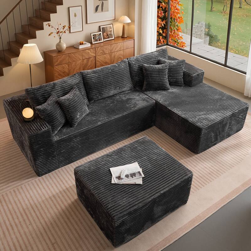 OVIOS All-Foam Cloud L-Shaped Lounger Sofa​ ​​With Ottoman​ - RightChaise-Grey