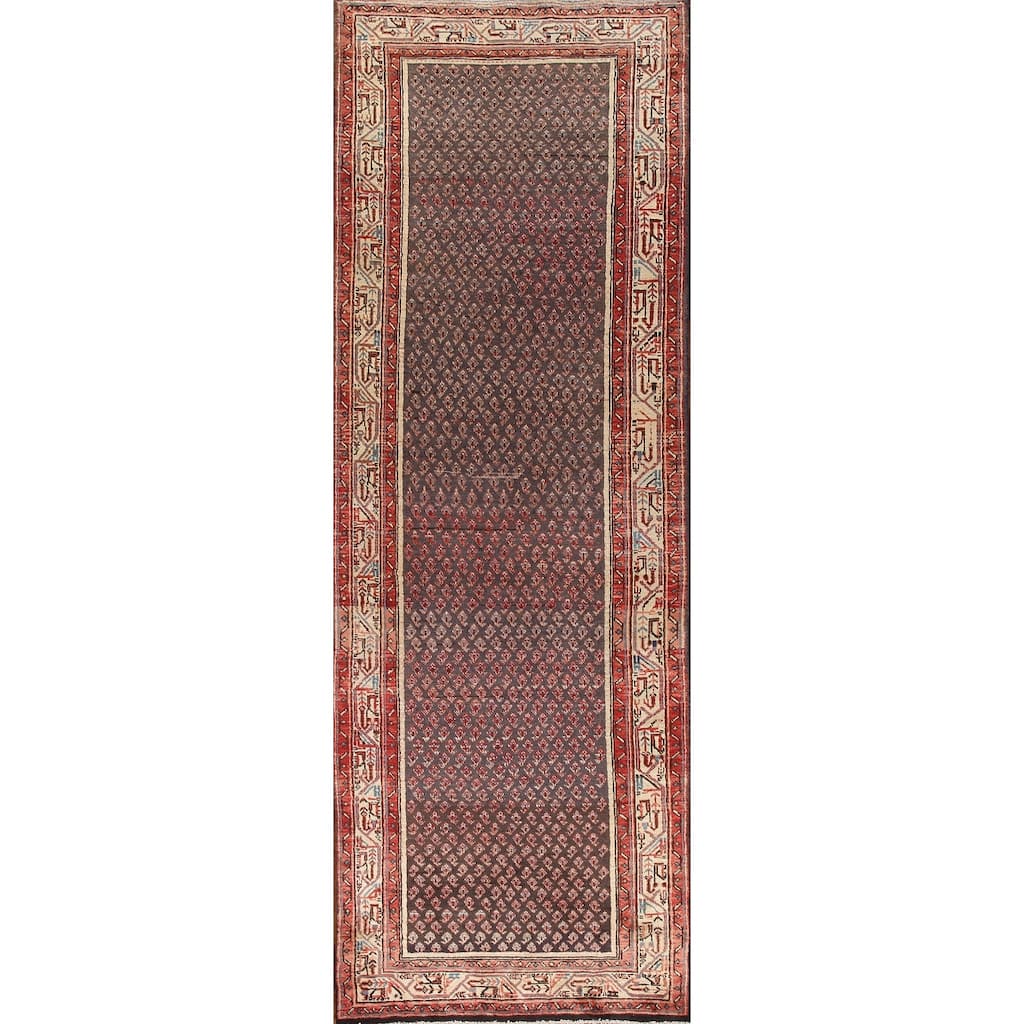 Hand Knotted Oriental 100% Wool Carpet Traditional All-Over Greys & Charcoal Botemir Runner Rug - 10' 4'' X 3' 4''