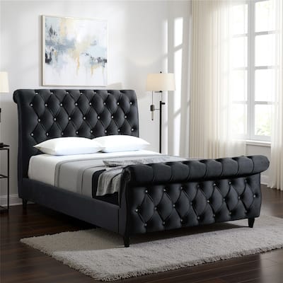 Ellowen Queen Size Bed, Diamond Tufted Black Upholstery, Panel Headboard
