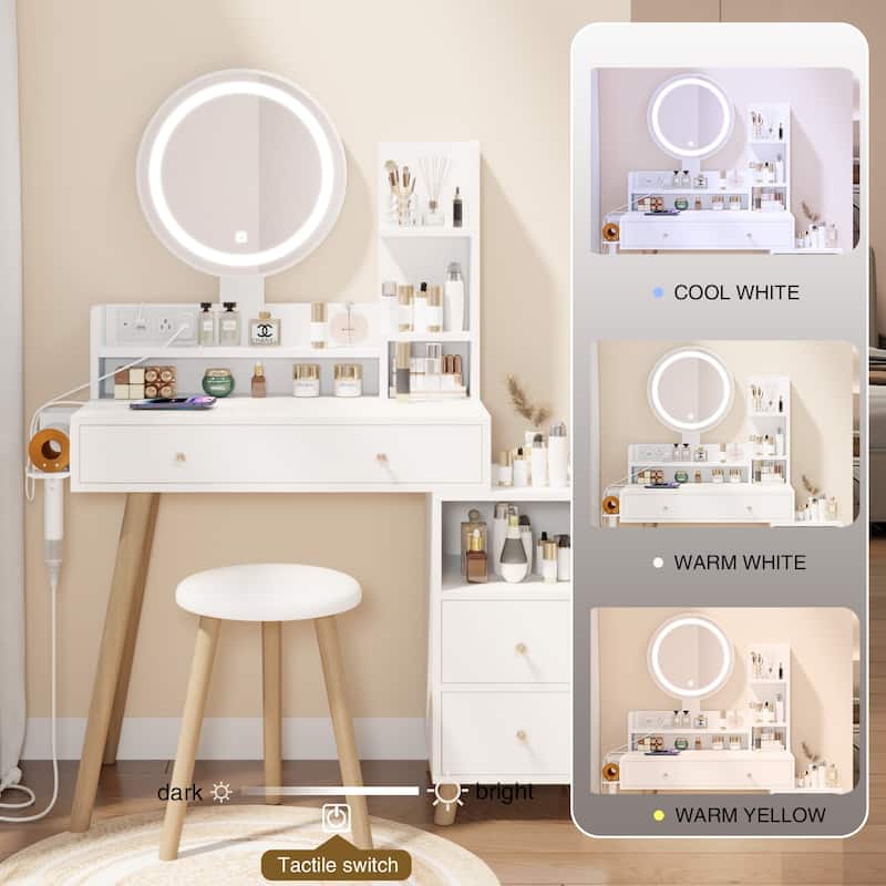 Makeup Vanity Desk Set with LED Lighted Mirror and Cushion Stool, Vanity Dressing Table with Bedside Cabinet, Drawers & Shelves