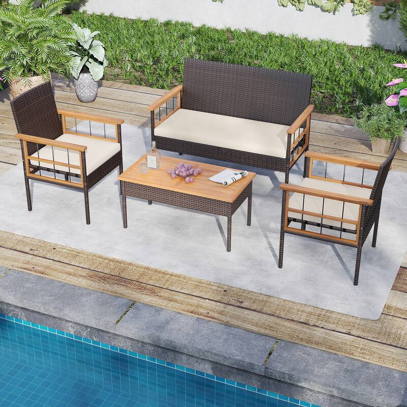 Gymax Set of 8 Wicker Furniture Set w/Acacia Wood Tabletop Armrests