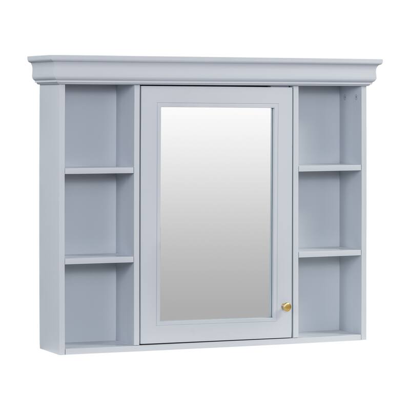 Modern Bathroom Wall Cabinet with Mirror and 6 Open Shelves, 35'' x 28'' Blue Wall Mounted Bathroom Storage Cabinet