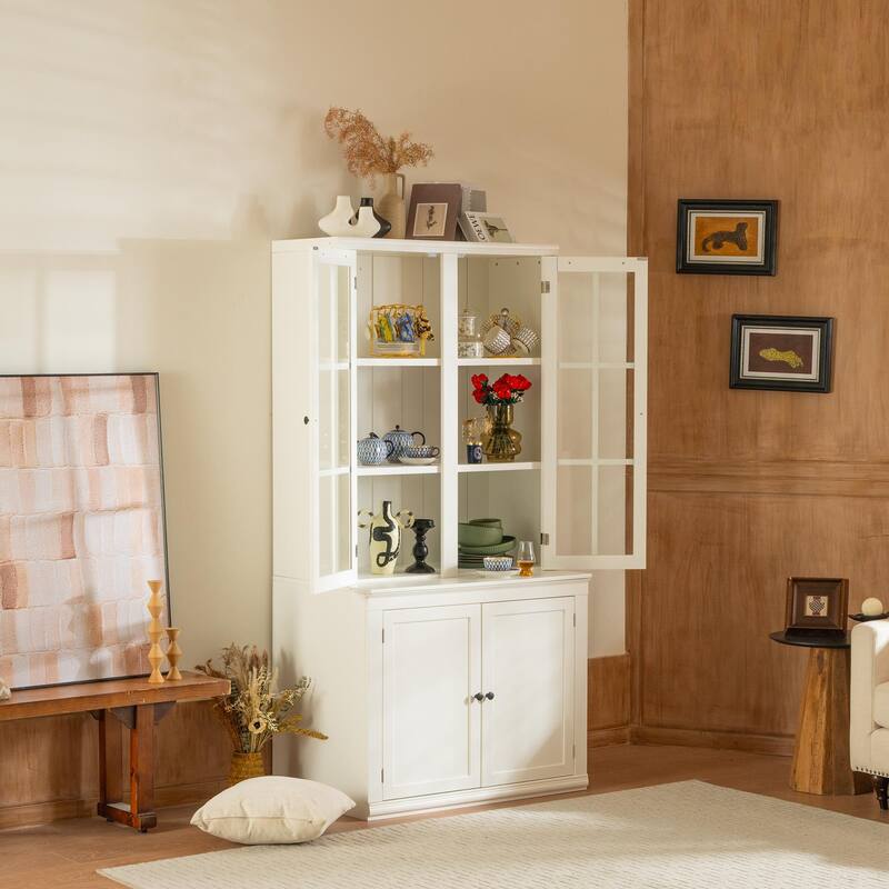 Roomfitters 75.25'' Pantry Cabinet with Glass Door, Farmhouse Hutch Display Cabinet with Storage for Kitchen, White