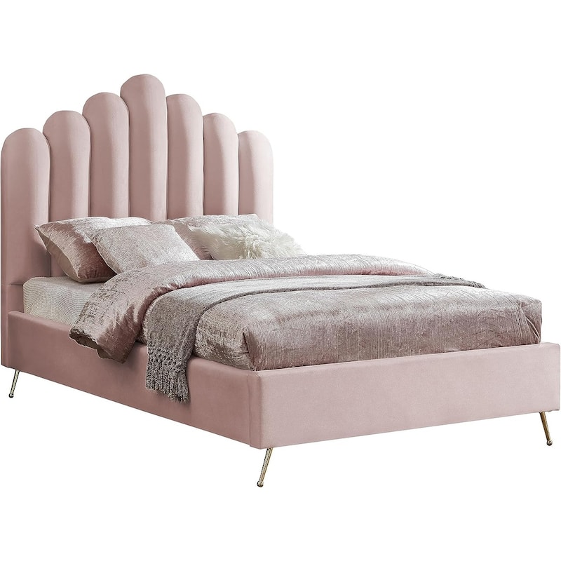 50 in.H Pink Wood Frame Full Size Panel Bed with Velvet Upholstery Material and Bed Frame Mounted
