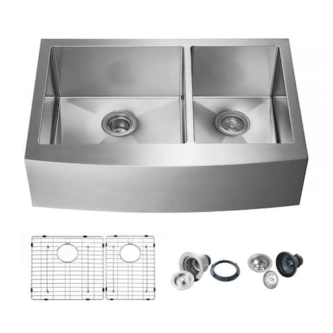 Handcrafted Farmhouse Apron Double Bowl Real 16 gauge Stainless Steel Kitchen Sink with Strainer and Grid