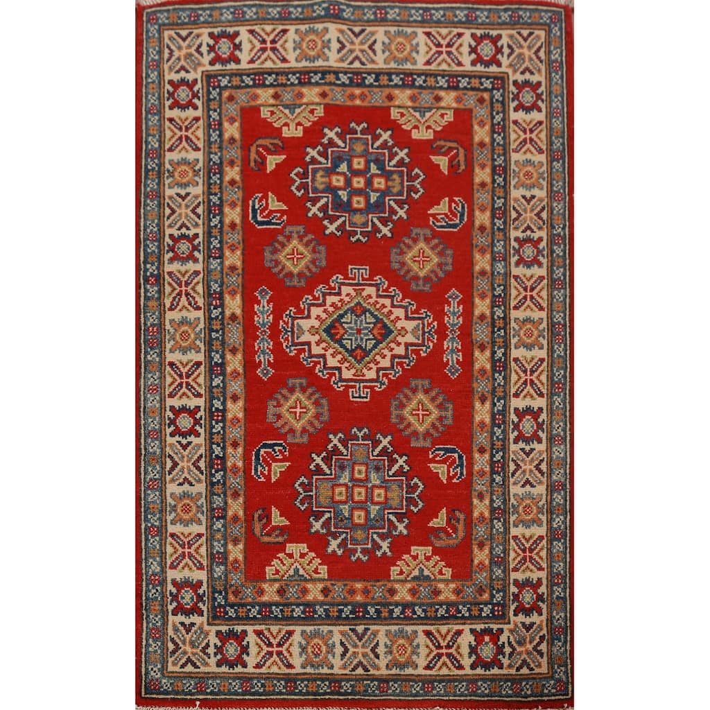 Red Geometric Kazak Foyer Rug Hand-Knotted Wool Carpet - 2'7"x 4'0"