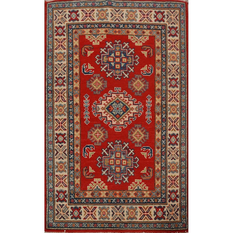 Red Geometric Kazak Foyer Rug Hand-Knotted Wool Carpet - 2'7"x 4'0"