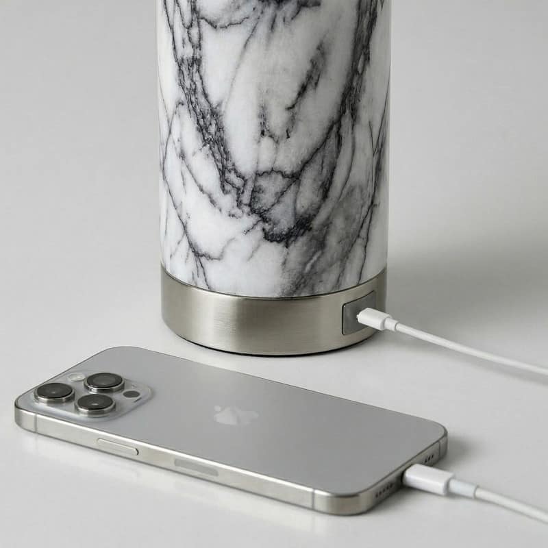 Brightech Arden 17 in. Marble Mid-Century Modern LED Table Lamp with Fabric Drum Shade and Built-In Charging Port